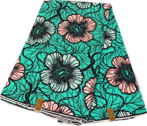 Wax au mètre - Fleurs - Bleu turquoise/Rose/Noir
