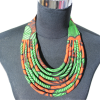 Collier en wax noué - fleurs - vert et orange