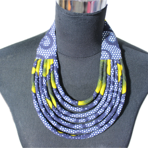 Collier en wax noué - bleu et jaune