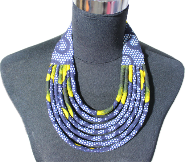 Collier en wax noué - bleu et jaune