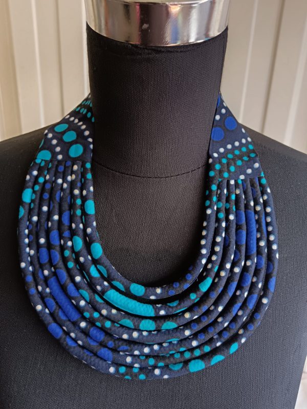Collier en wax noué - Bleu/Noir/Blanc