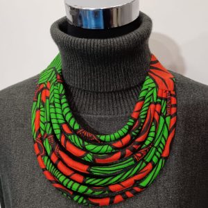 Collier en wax noué - fleurs - vert et orange