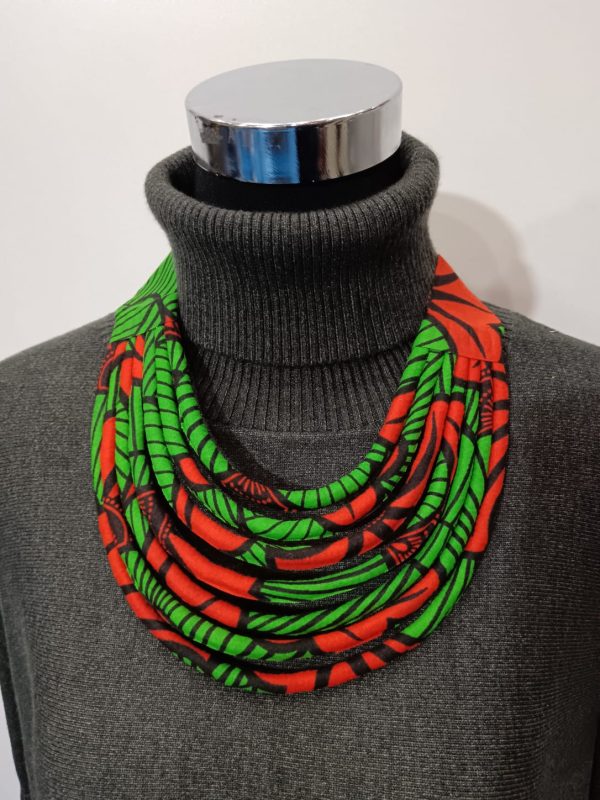 Collier en wax noué - fleurs - vert et orange