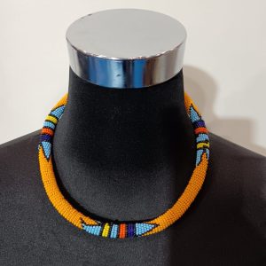Collier en perles tubulaires tissées - Orange et bleu clair